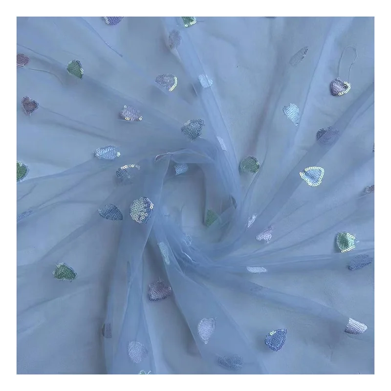 SCX004 Wholesale Embroidered Heart Shape Glitter Symphony Sequins Tulle Fabric Mesh for Kids Skirt - 图片 6