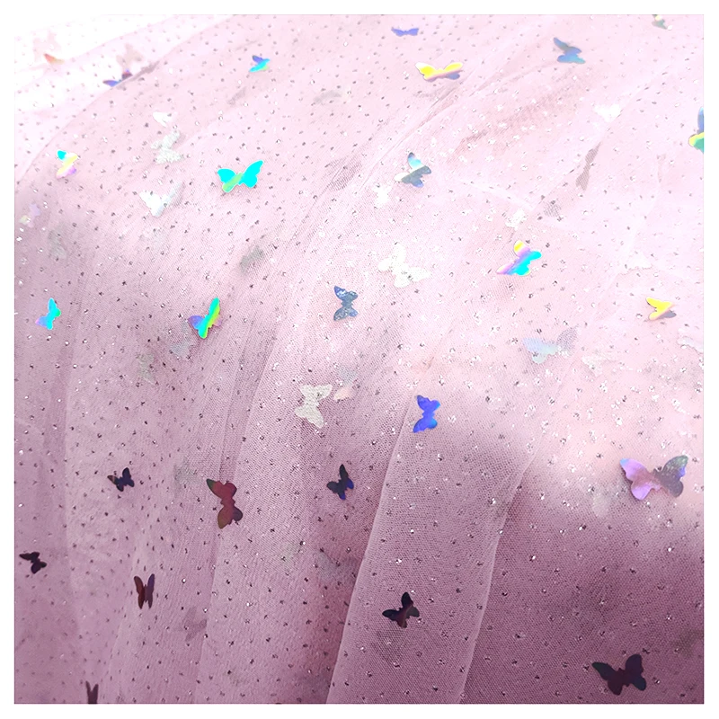 YX2092 YAQIXIN Design 2026 New Arrival Fabric Tulle Pink Shiny Metallic Butterfly Embroidery Sequin Lace Tulle Fabric - 图片 5