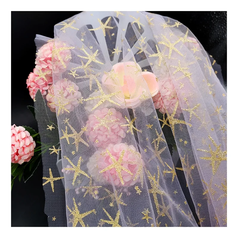 SG26 Customize Polyester Mesh Tulle Lace Fabric with Glitter Golden Star Tulle Baby Tutu Dress Lace Fabric - 图片 5