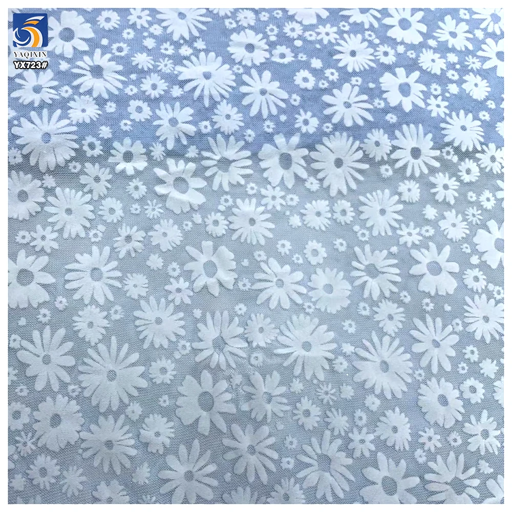 YX723 New Arrivals Elastic Mesh Flocking Fabric White Floral Design 92% Polyester 8% Spandex Stretch Flocked Mesh Fabric - 图片 4