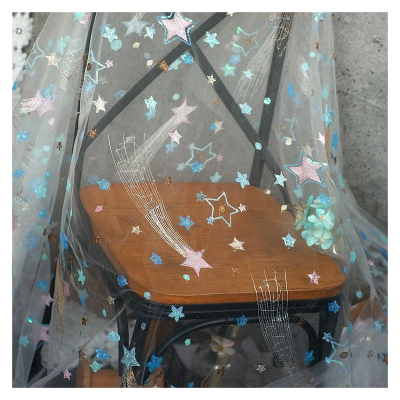 Colorful Five Star Sequin Embroidery Tulle Fabric Sparkly Diy Children's Clothing Embroidery Lace Fabric Baby Fabric - 图片 6