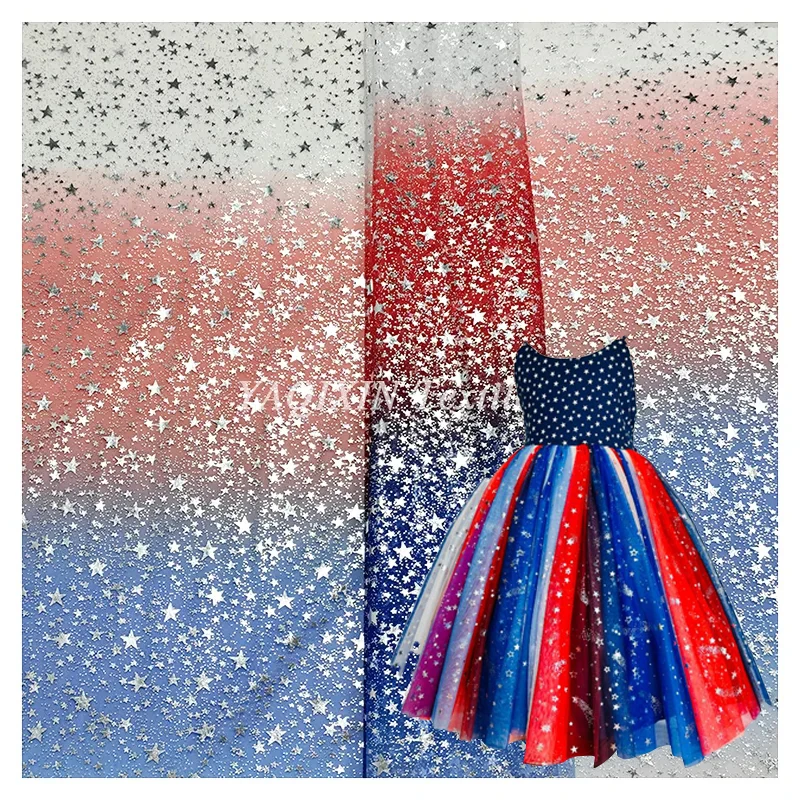 YX2117-1 Independence Day Celebration Custom Polyester Gradient Stars Print Glitter Ball Gown Tulle Fabric 4th of July Fabric - 图片 5