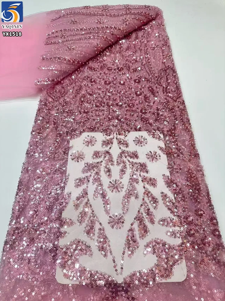 YX1518 140cm 300gsm China Factory Supplier Gold Pattern Sequin Beaded Mesh Lace Fabric for Bridal Gown - 图片 6