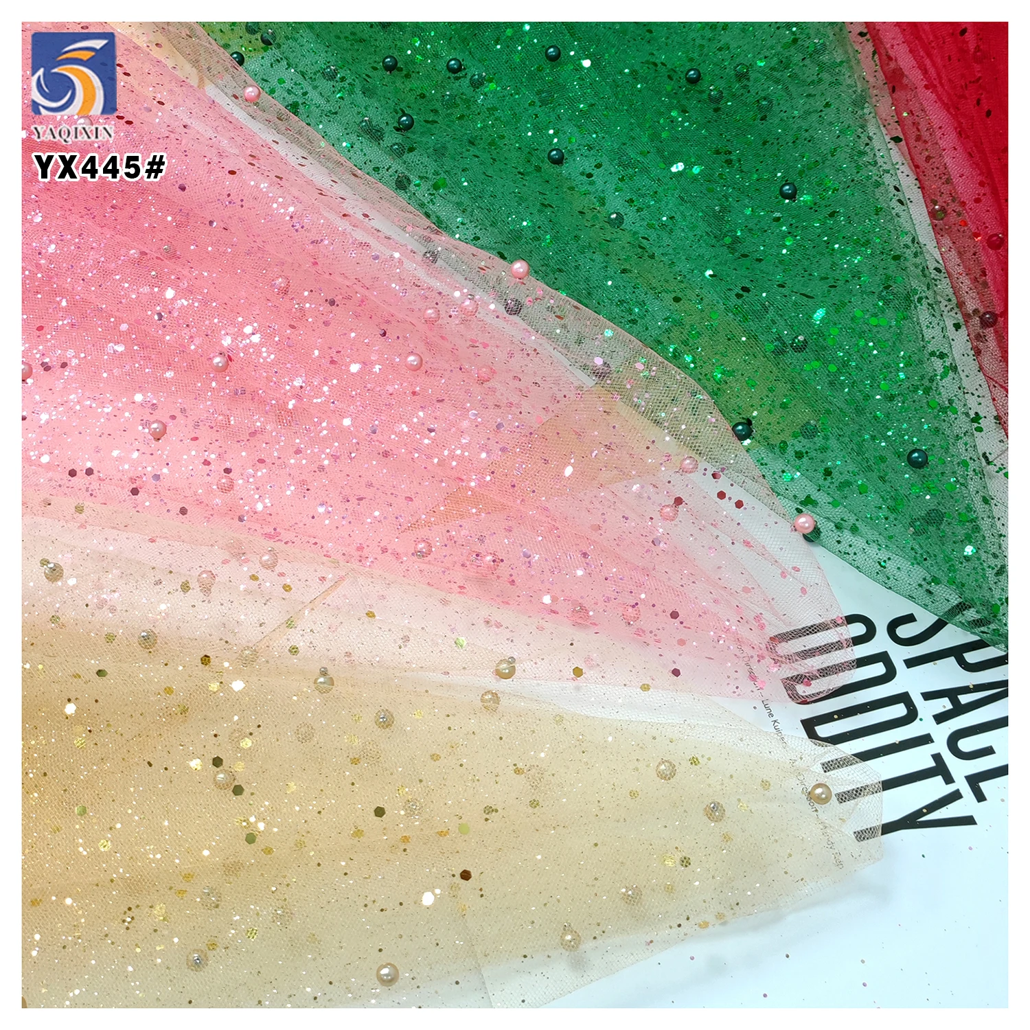 YX445 American Custom Polyester Mesh Fabric Hard Tulle With 3D Pearls and Sequins for Headdress Dress Fabric - 图片 3