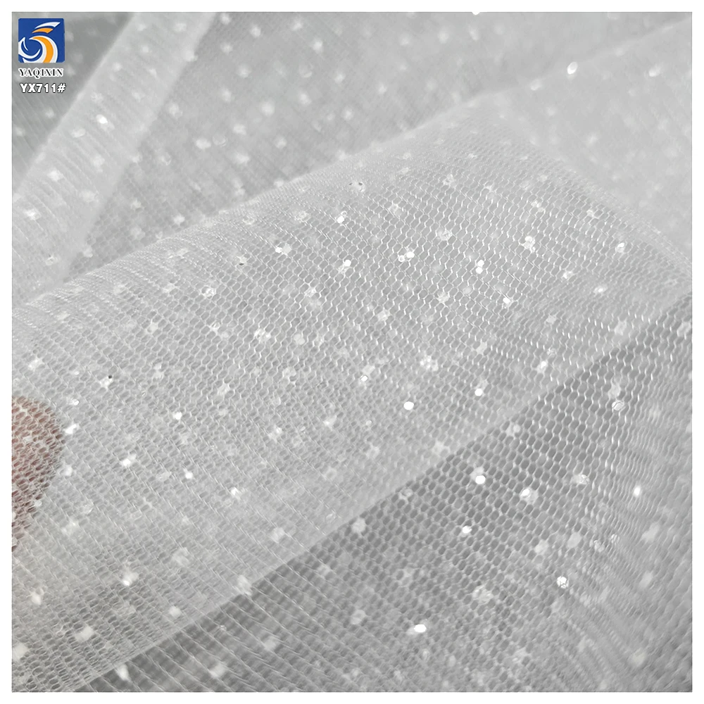 YX711 Pure White 40gsm Polyester Knitted Bridal Tulle Fabric Clear Sequins Glitter Mesh Fabric Soft Sparkle Glitter Effect - 图片 6