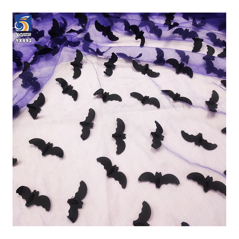 YX892-1 Holidays Tulle Purple/Orange Embroidered Halloween Bat Mesh Tulle Fabric for Girls Skirt Decoration - 图片 5