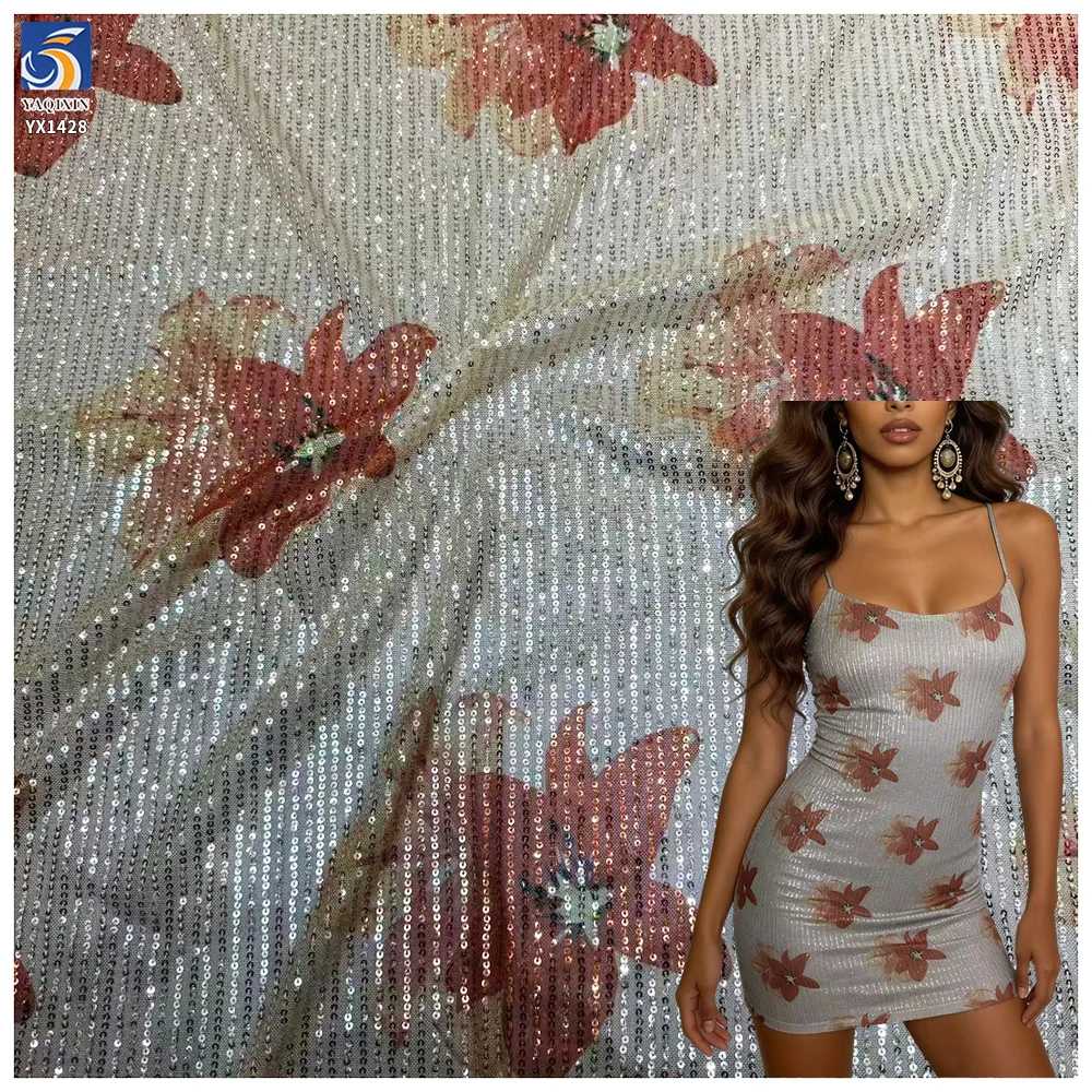 YX1428 RTS 180gsm New 2026 Sun Face Sunflower Printed Sequin 4 Way Stretch Net Mesh Fabric 140cm for Evening Gown - 图片 3
