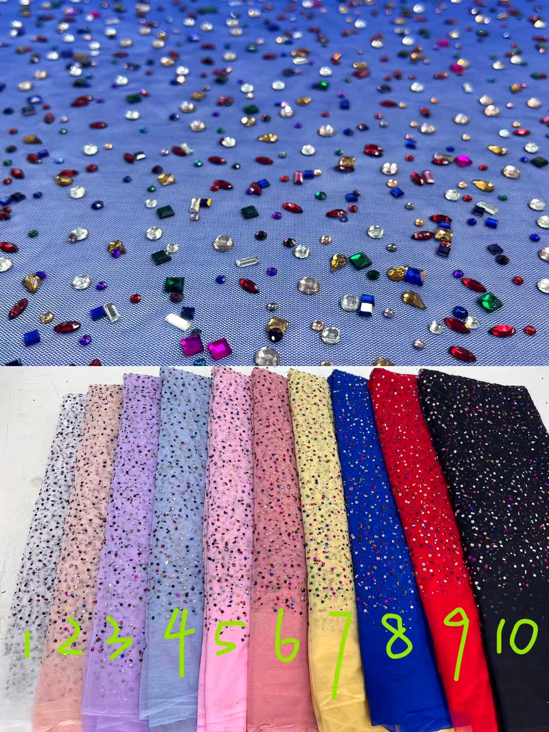 YX2366 Luxury Beaded Lace Fabric Crystal Rhinestone Mesh Fabric Tulle Embroidery Beaded Shiny Stones Lace Fabric - 图片 3