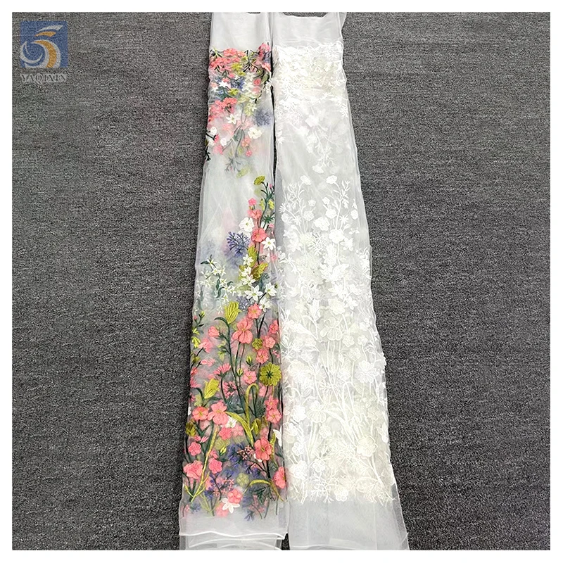 YX2406 China Wholesale 3D Flower Embroidered Lace Tulle Fabric Floral Fall Yellow Luxury Embroidered Fabric for Clothes - 图片 6