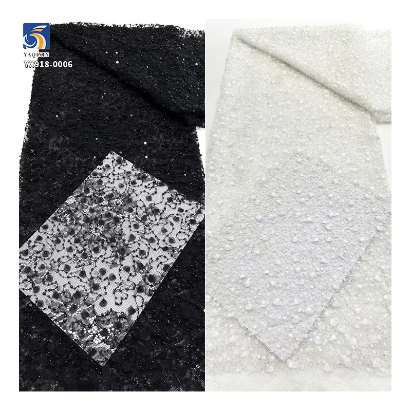 YX918 High Quality Made in China Factory Cheap Chantilly Lace Embroidery Beads 3D Pearls Heavy Lace Fabric Textile - 图片 4