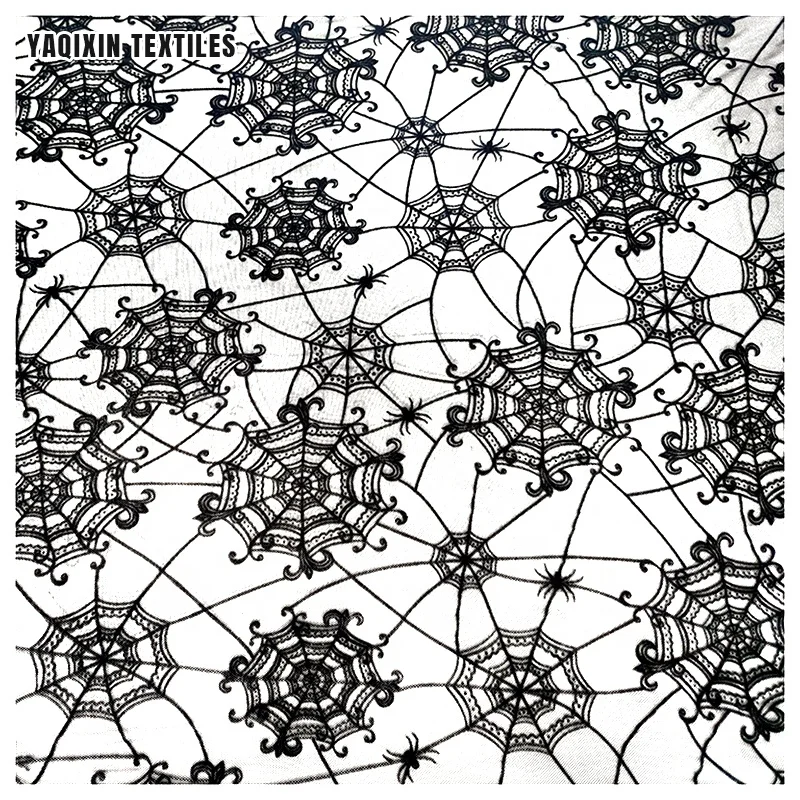 Yaqixin Spider Web Shape Design Black Flocked Stretch Mesh Lace Fabric 90 Nylon 10 Spandex Fabric 4Way Stretch - 图片 4