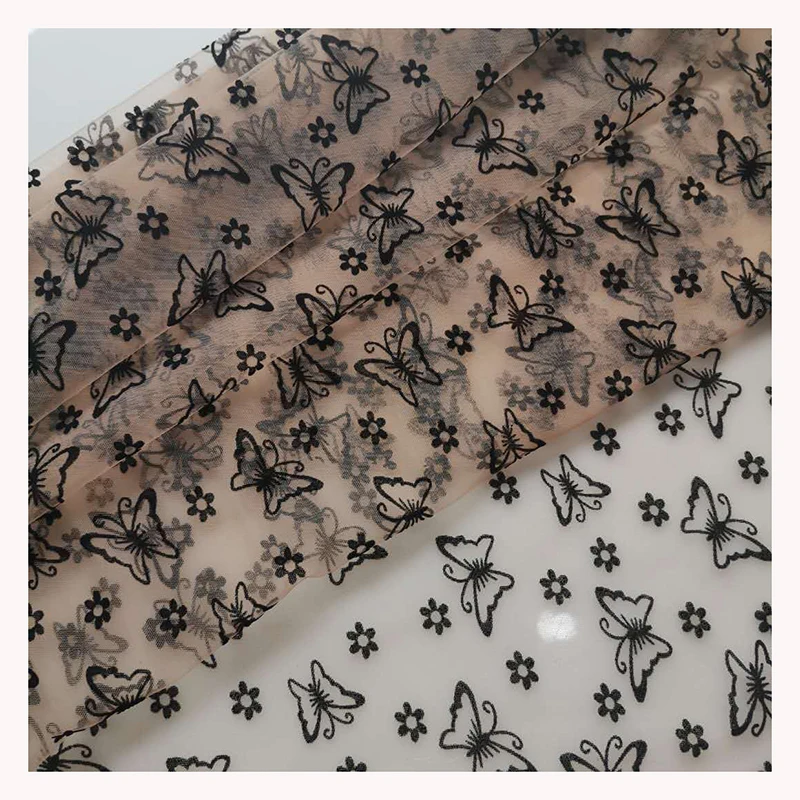 Butterfly Flower Flocking Printed Voile Tulle Fabric Black Velvet Flocked Mesh Lace Fabric for Women Dress - 图片 6