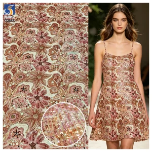 YX1398 Custom 3mm Sequins Large Florals Print Mesh Fabric 5 Yards MOQ Diagonal Stripe Dress Sequin Print Fabric