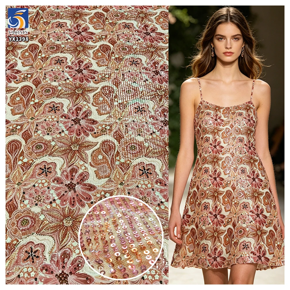 YX1398 Custom 3mm Sequins Large Florals Print Mesh Fabric 5 Yards MOQ Diagonal Stripe Dress Sequin Print Fabric