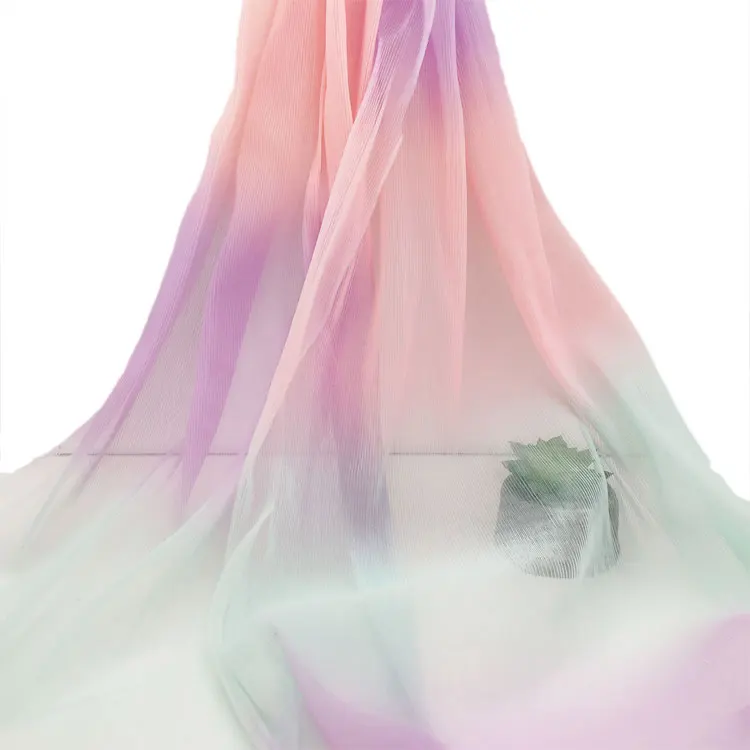 2025 New Rainbow Digital Printed Tulle Pleated Crepe Mesh Fabric for Party Dress - 图片 5