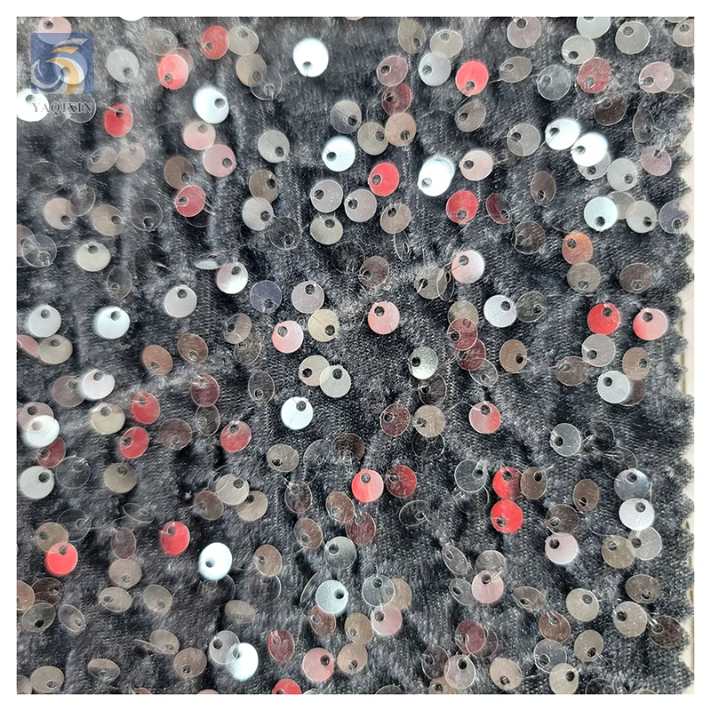 Multi-color 2026 African Velvet Sequined Embroidery Lace Fabric Luxury Stretch 5mm Shiny Sequin Velvet Fabric - 图片 5