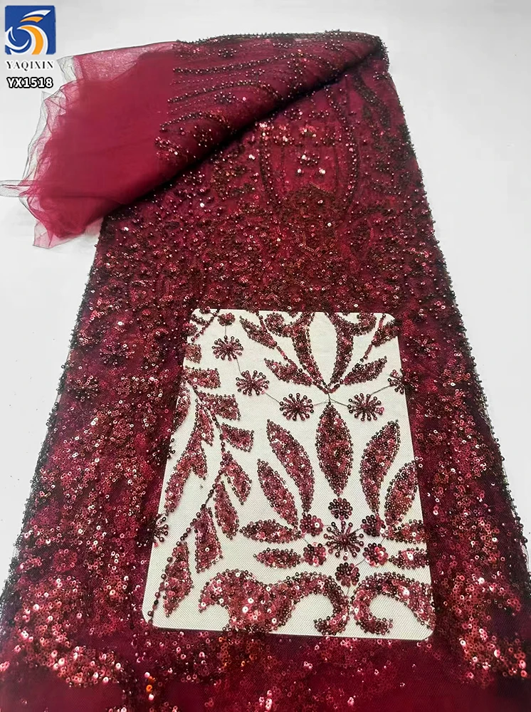 YX1518 140cm 300gsm China Factory Supplier Gold Pattern Sequin Beaded Mesh Lace Fabric for Bridal Gown - 图片 4