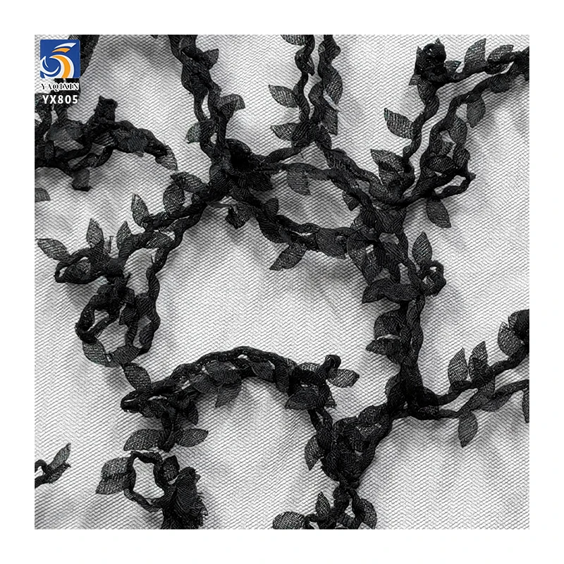 YX805 2025 New Arrivals 100 Polyester Knitted Swiss Mesh Milk Silk Lace Black Fabric Embroidery Floral Leaves Mesh Fabric - 图片 4