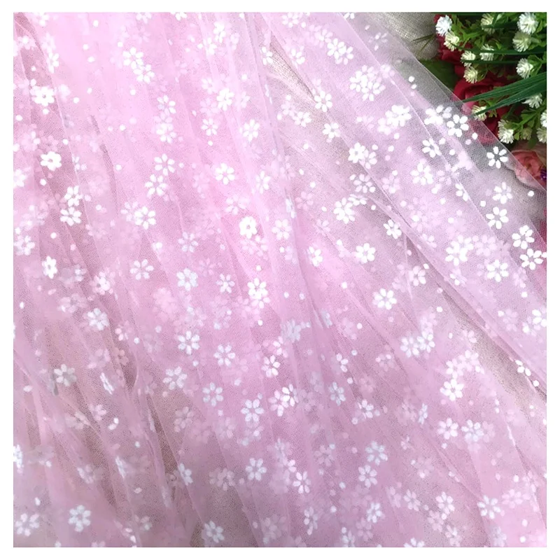 Popular Sunflower Floral Dot Pattern Flocked Soft Nylon Tulle Fabric Wedding Spring Summer Dress Fabric - 图片 5