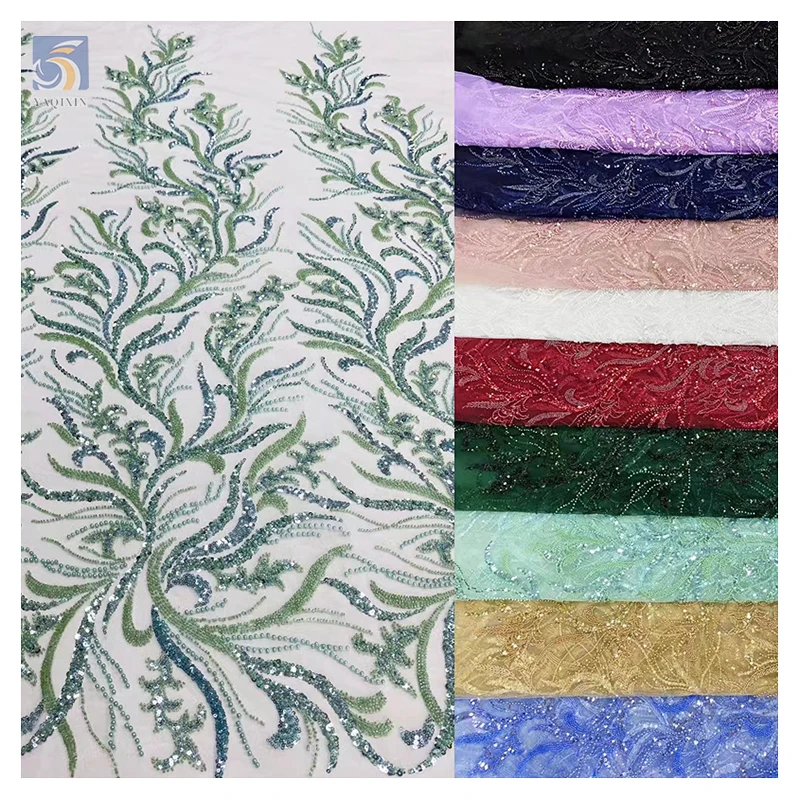 100% Polyester African Fabric for Wedding Dresses Embroidered Lace Mesh With Sequin Bead Tube Sequin Bead Wedding Dress Fabric - 图片 5