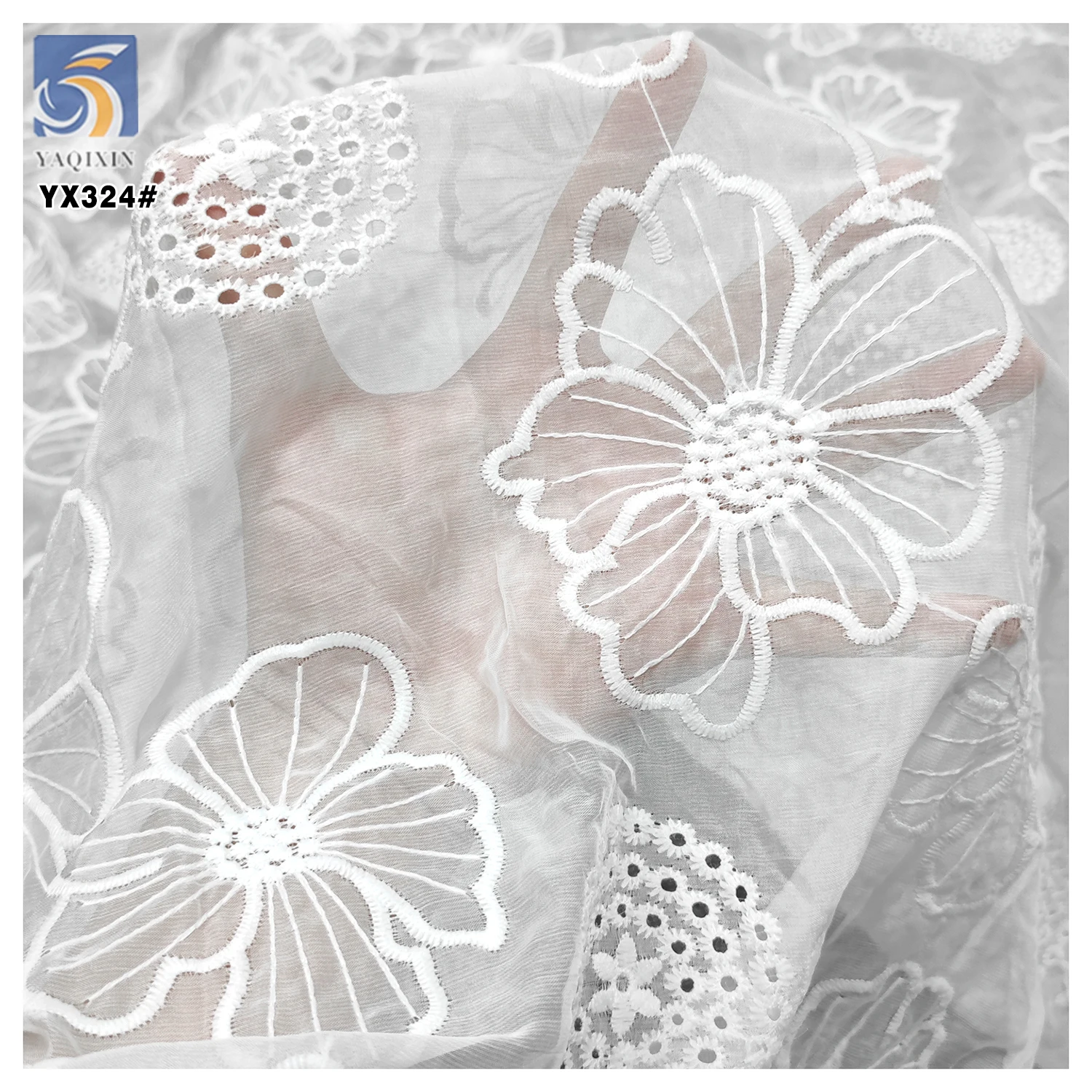 YX324 Wholesale Handmade Hollow Polyester Chiffon Embroidered Lace Fabric Floral White Embroidered Chiffon Fabric - 图片 5