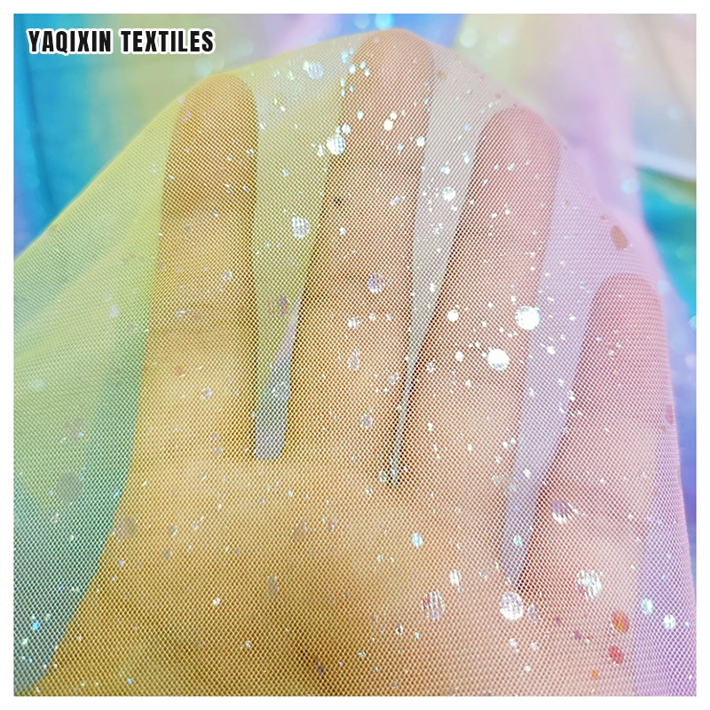 YY221125 High Quality Soft 100 Polyester Shiny Dot Tricot Knit Mesh Tulle Fabric with Print Rainbow Design - 图片 4