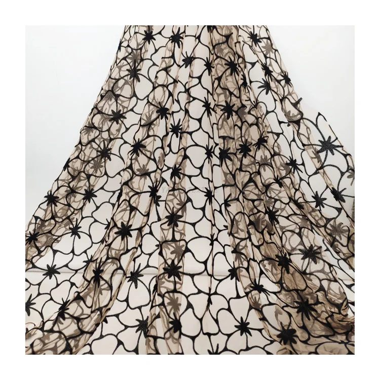 DX163 Fashionable Floral 100% Polyester Black Flocked Tulle Mesh Fabric With Flocking Velvet - 图片 4