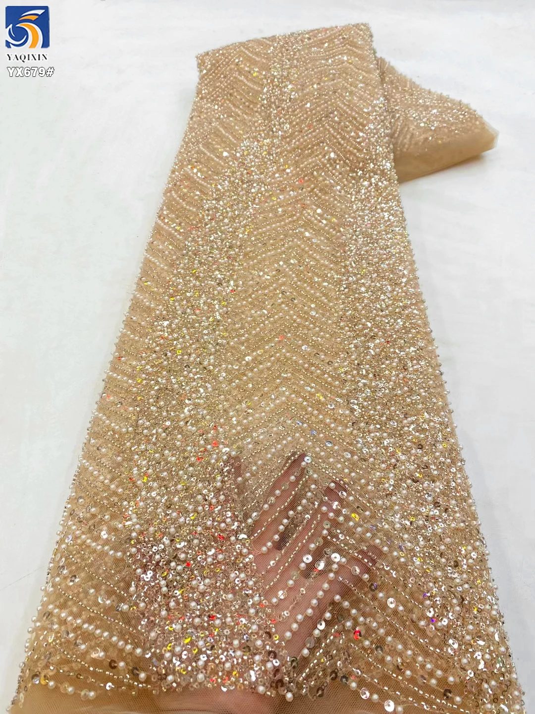 YX679 Luxury Pearl Embroidered Beaded Lace Evening Dresses Heavy Embroidery Sequin Bridal Lace Fabrics With Beads - 图片 4