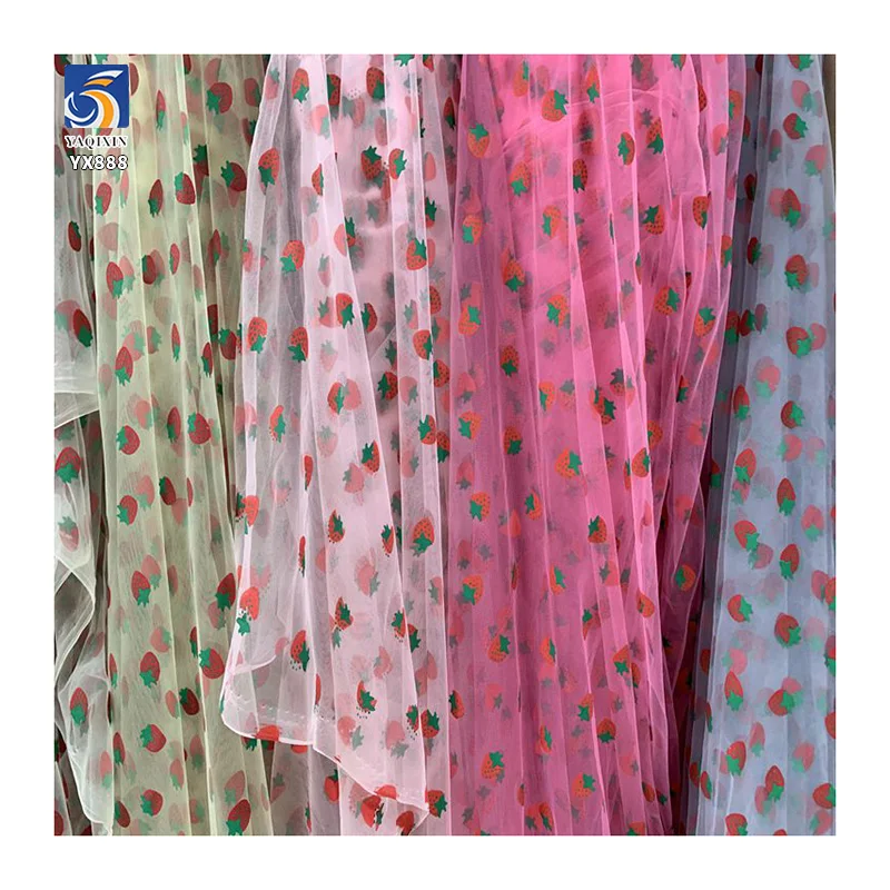 YX888 Summer Fruit Strawberry Print Fabric Polyester Tulle Mesh Strawberry Fabric for Clothing Skirt Little Girls 5 Yards - 图片 6