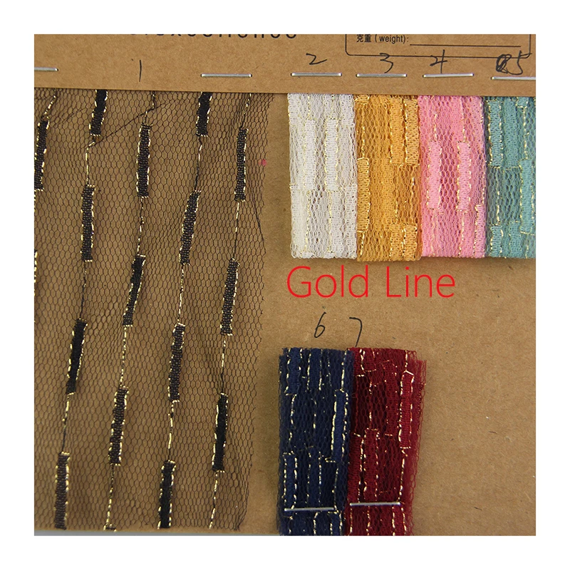 F528 High-Quality Polyester Jacquard Assorted Color Gold Line Lace Mesh Tulle Fabrics for Fashion and Craft - 图片 6