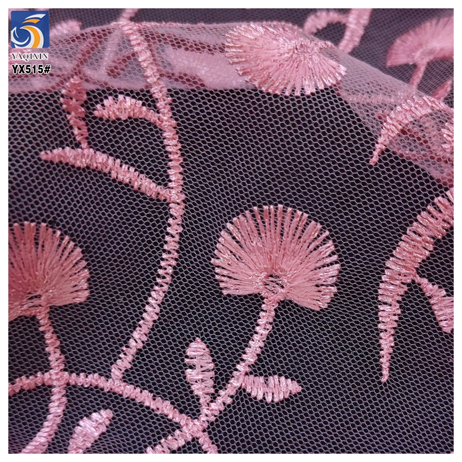 YX515 Cute Pink Floral Embroidered Girl Net Fabric 2025 Customized Polyester Mesh Fabric Embroidery - 图片 5