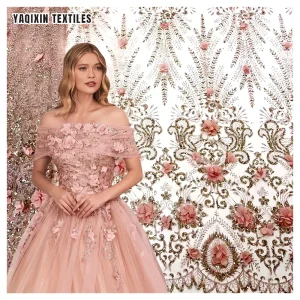 YX2256 High-End Luxury French Dress Lace Fabric Chiffon 3D Flower Pink Peach Glitter Sparkle Embroidered Tulle Lace Fabric