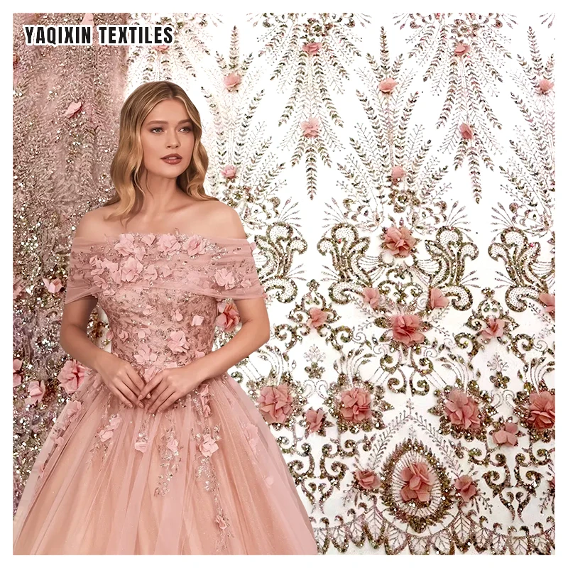 YX2256 High-End Luxury French Dress Lace Fabric Chiffon 3D Flower Pink Peach Glitter Sparkle Embroidered Tulle Lace Fabric