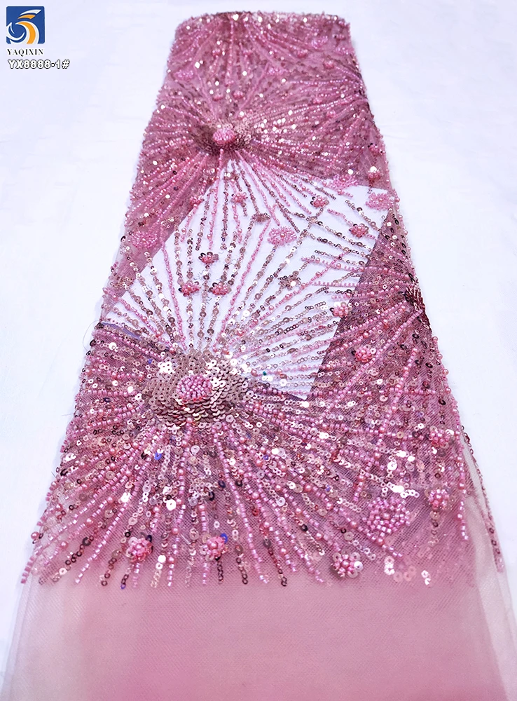 100% Polyester African Fabric for Wedding Dresses Embroidered Lace Mesh With Sequin Bead Tube Sequin Bead Wedding Dress Fabric - 图片 4