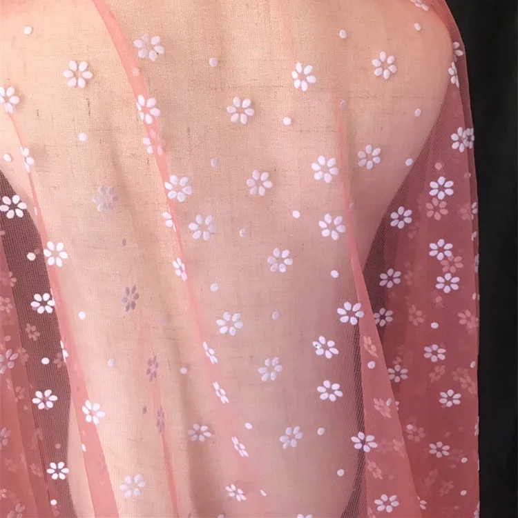 Popular Sunflower Floral Dot Pattern Flocked Soft Nylon Tulle Fabric Wedding Spring Summer Dress Fabric - 图片 2