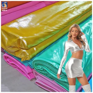 Wholesale Lurex  190gsm Polyester Spandex Stretch Soft Bronzing Foil Knit Fabric for Stage Clothing Reflective Fabric