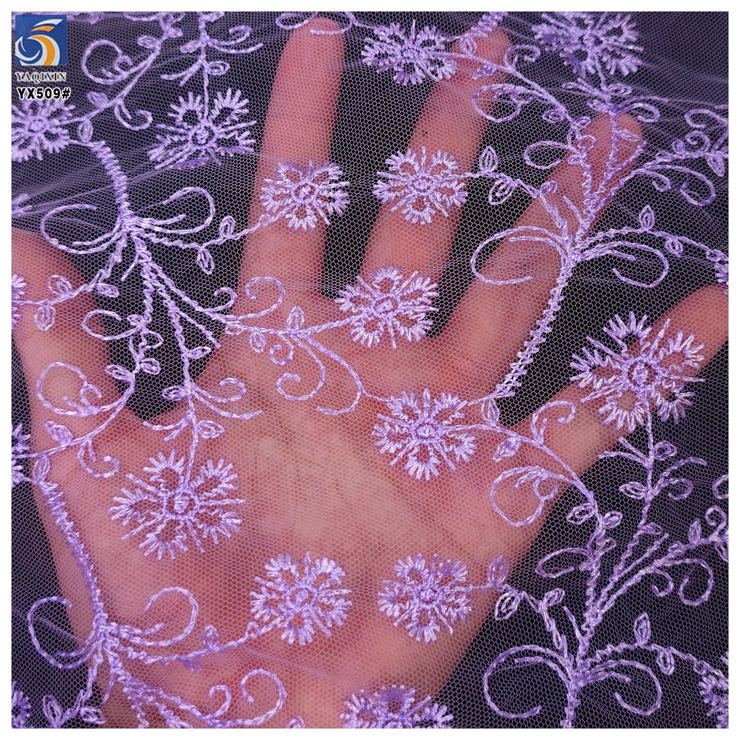 YX509 Chinese Designer 2025 Florals Soft Dark Purple Tulle Fabric for Catwalk Clothing Mesh Embroidery Fabric - 图片 4