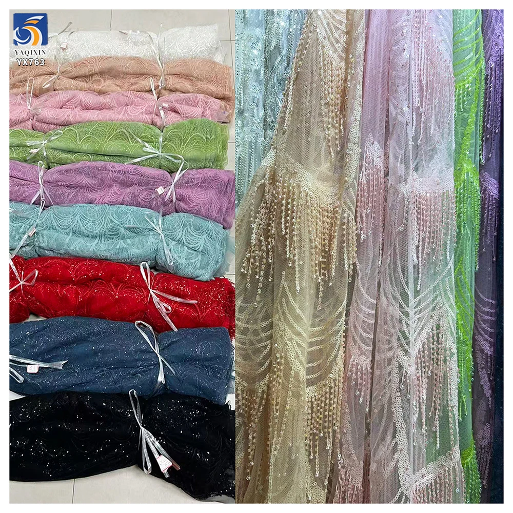 YX763 Latest Width 130cm Weight 250gsm European Style Beaded Embroidery Mesh Wedding Dress French Tassel Lace Fabric - 图片 2
