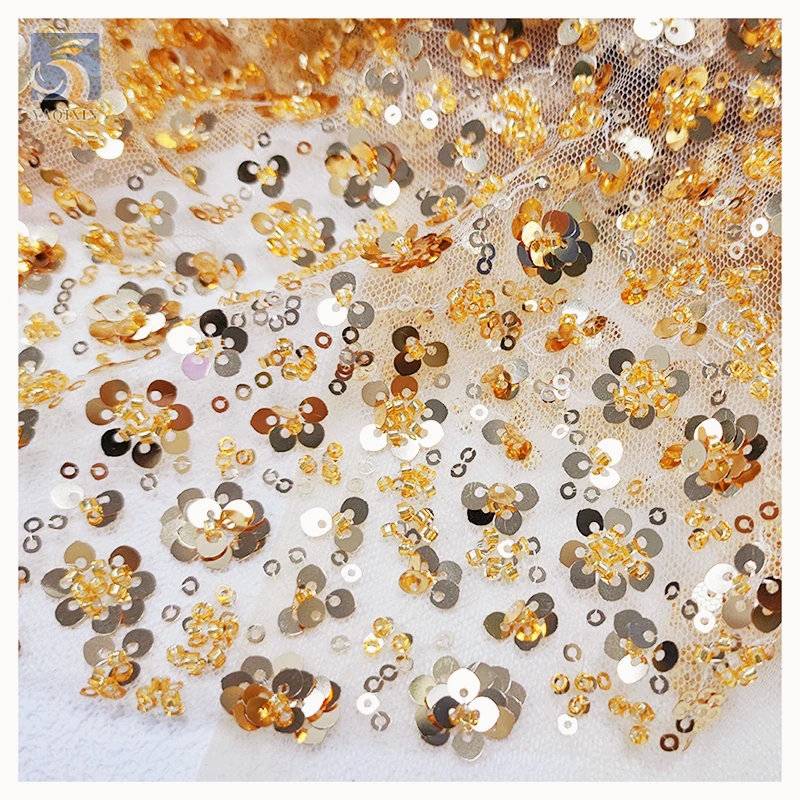 YX2379 Gold Beaded Sequin Mesh Embroidery Tulle Lace Fabric Polyester Floral Design 3mm Shiny Sequin Embroidery Fabric - 图片 4