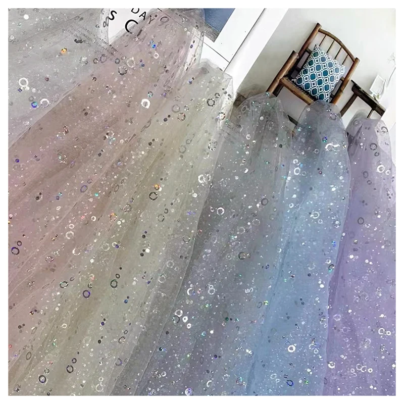 Blue Polyester Tulle Mesh Fabric Round Metal Sequin Mesh Tulle Sequin Fabric - 图片 6