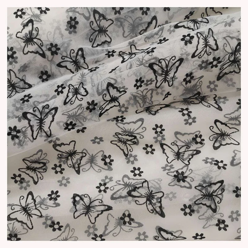 Butterfly Flower Flocking Printed Voile Tulle Fabric Black Velvet Flocked Mesh Lace Fabric for Women Dress - 图片 5