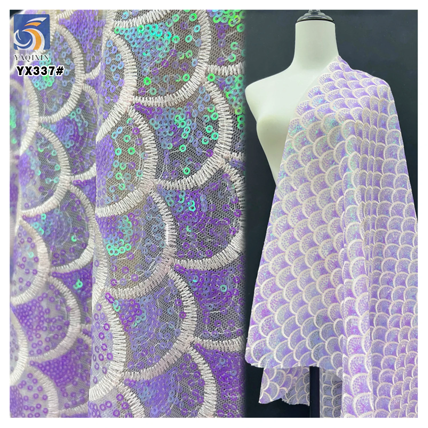 YX337 New Double-Layer Sequined Fabric Fishtail Mermaid Net Sequined Fantasy Fish Scale Fabric for Dress