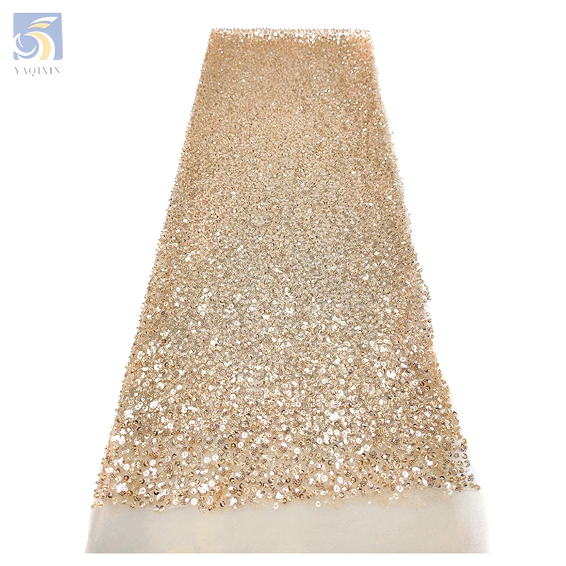 YX2394 High Quality Lace Fabric with Beads and Pearl Shiny Sequin Embroidery Beaded Lace Fabric Luxury for Weddings - 图片 4
