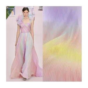 2025 New Rainbow Digital Printed Tulle Pleated Crepe Mesh Fabric for Party Dress
