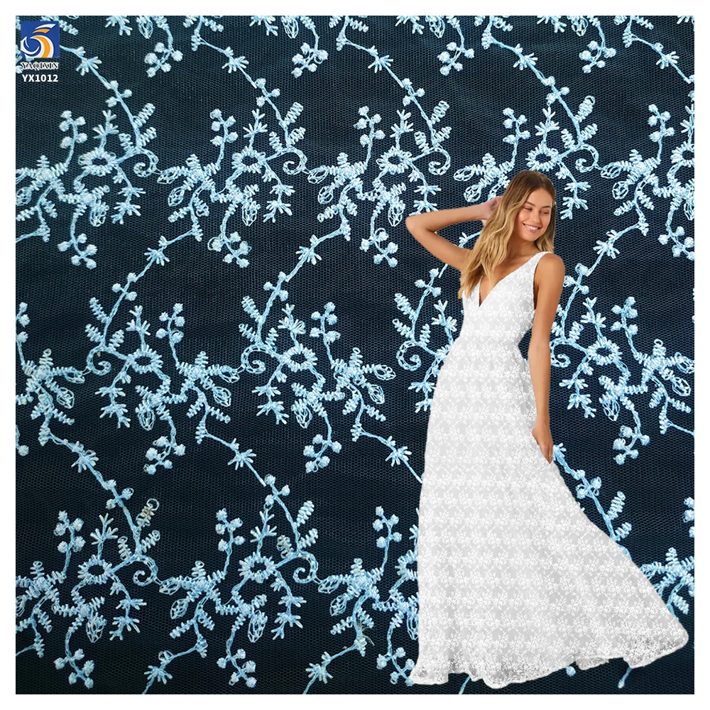 YX1012 Customized Embroidered Tulle Fabrics With Customer-Provided Samples Azure Polyester Tulle Embroidered Fabrics