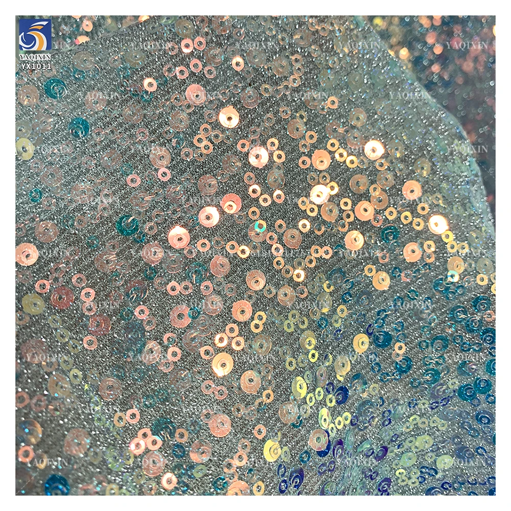 YX1011 150gsm Lightweight Lurex Shiny Sequins Mesh Net Fabrics Holographic Transparent Flash Sequin Fabrics Textiles - 图片 4