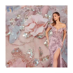 YX2135 Romantic Pink Australian Lace Fabric Bridal 3D Sequins Flower Embroidered Lace Fabric for Clothing Wedding