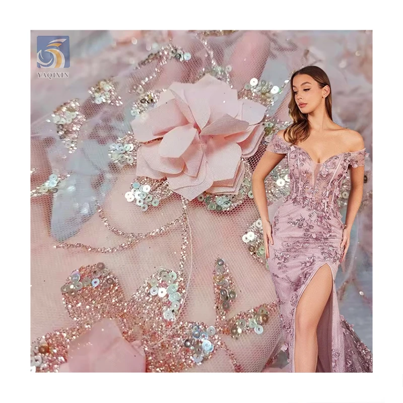 YX2135 Romantic Pink Australian Lace Fabric Bridal 3D Sequins Flower Embroidered Lace Fabric for Clothing Wedding