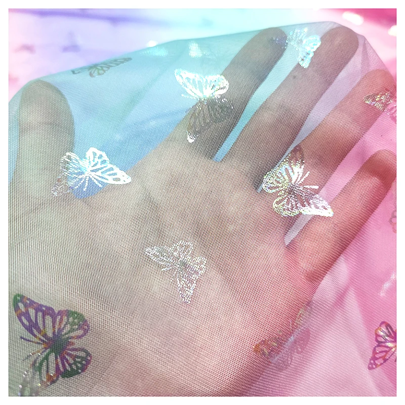YX2048 New Arrival Pink Purple Butterfly Fabric Print Gradient Rainbow Soft Tulle Fabric for Tutu Dresses - 图片 5