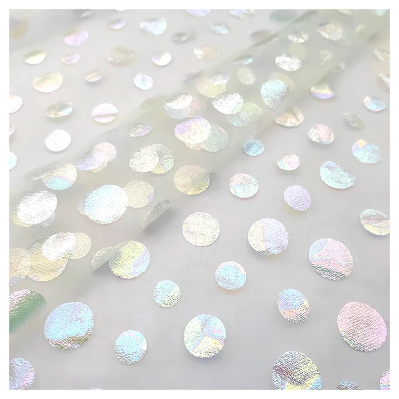 High Quality 100% Polyester American Tulle Fabric 20gsm Foil Film Soft Mesh Printing Dot Fabric Wedding Lining Curtain Short